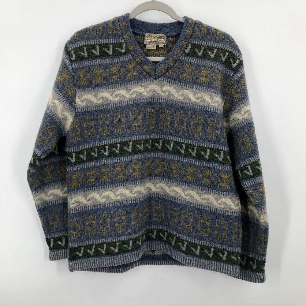 Royal Robbins 100% Wool Sweater Blue with Faireisle Pattern Sz Large